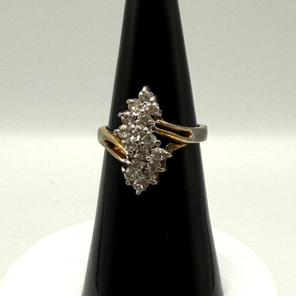 Vintage Two Tone Cluster Bypass Ring Clear Stone Tiered Marquise Shape Size 5.25